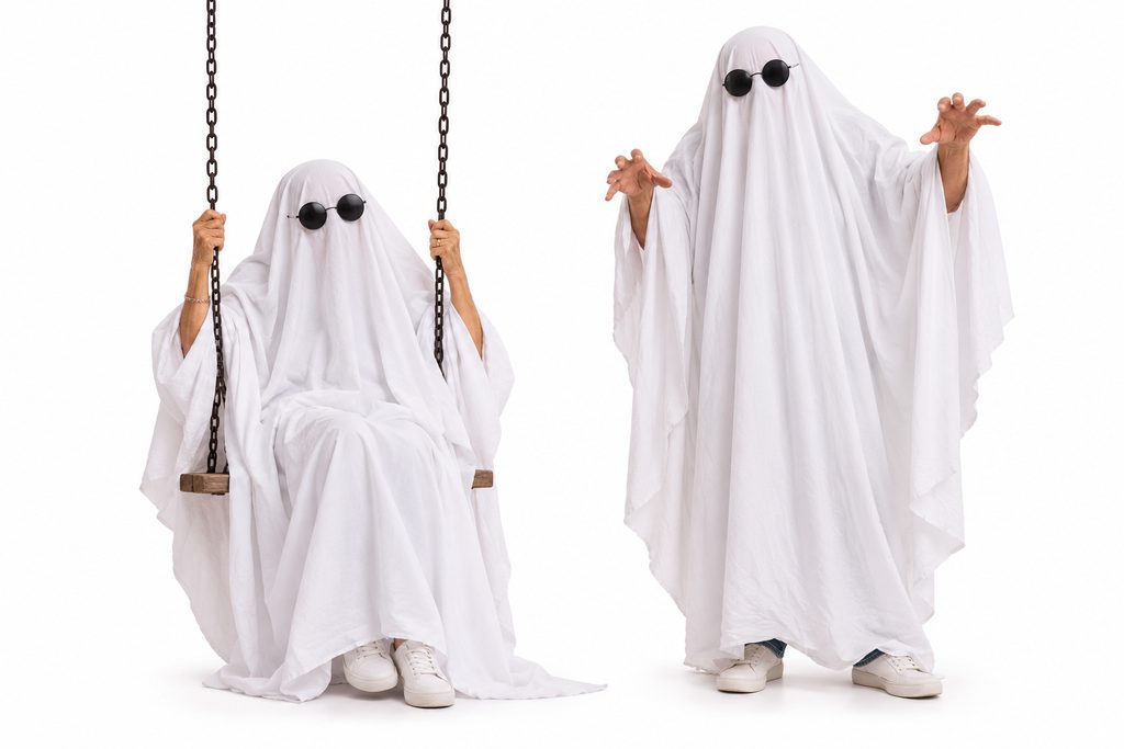Senior couple in ghost sheets