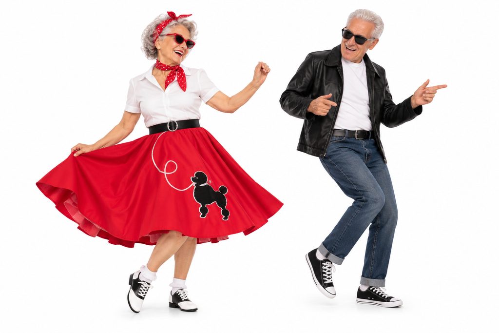 Senior couple in 1950s costumes