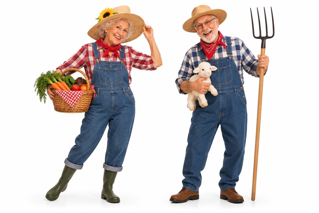Senior in farmer overalls