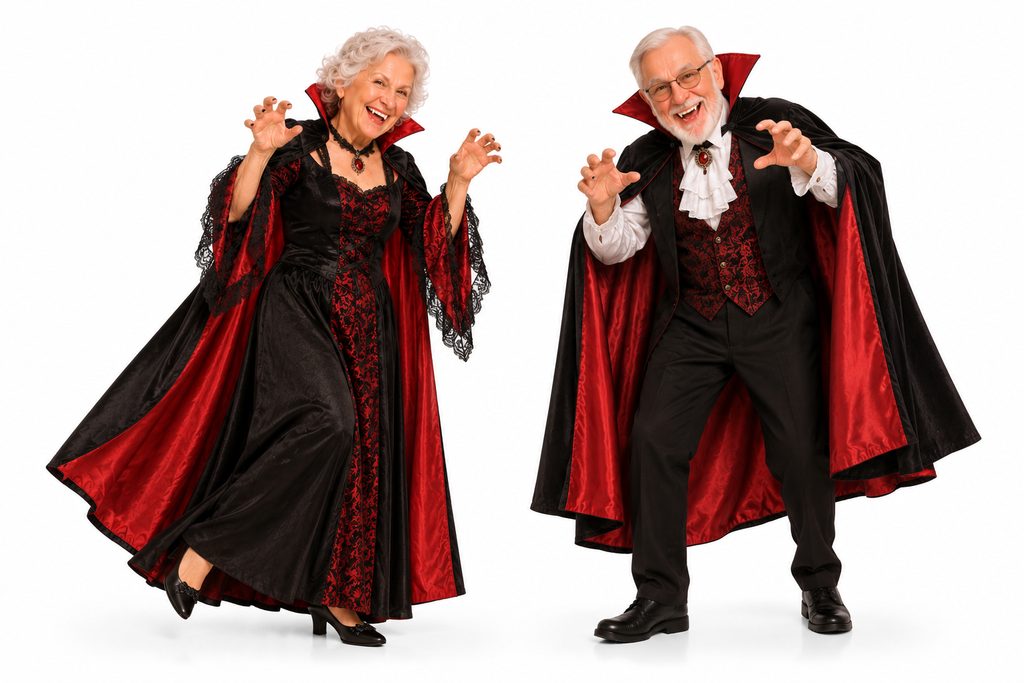 Senior couple in vampire capes