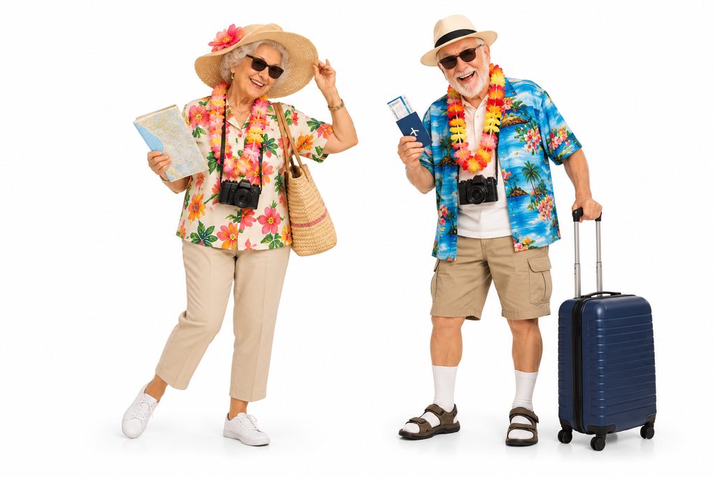 Senior couple in tourist outfits