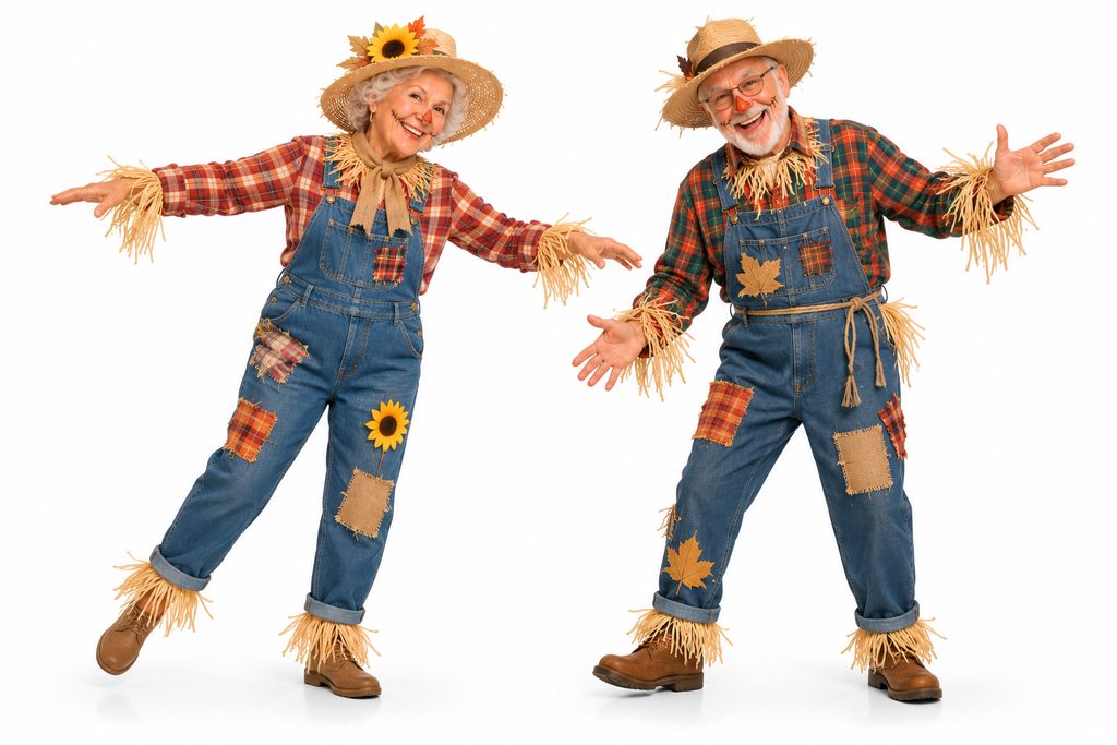 Senior couple in scarecrow outfits