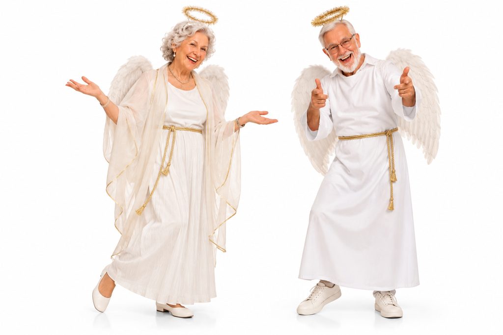 Senior couple in angel costumes