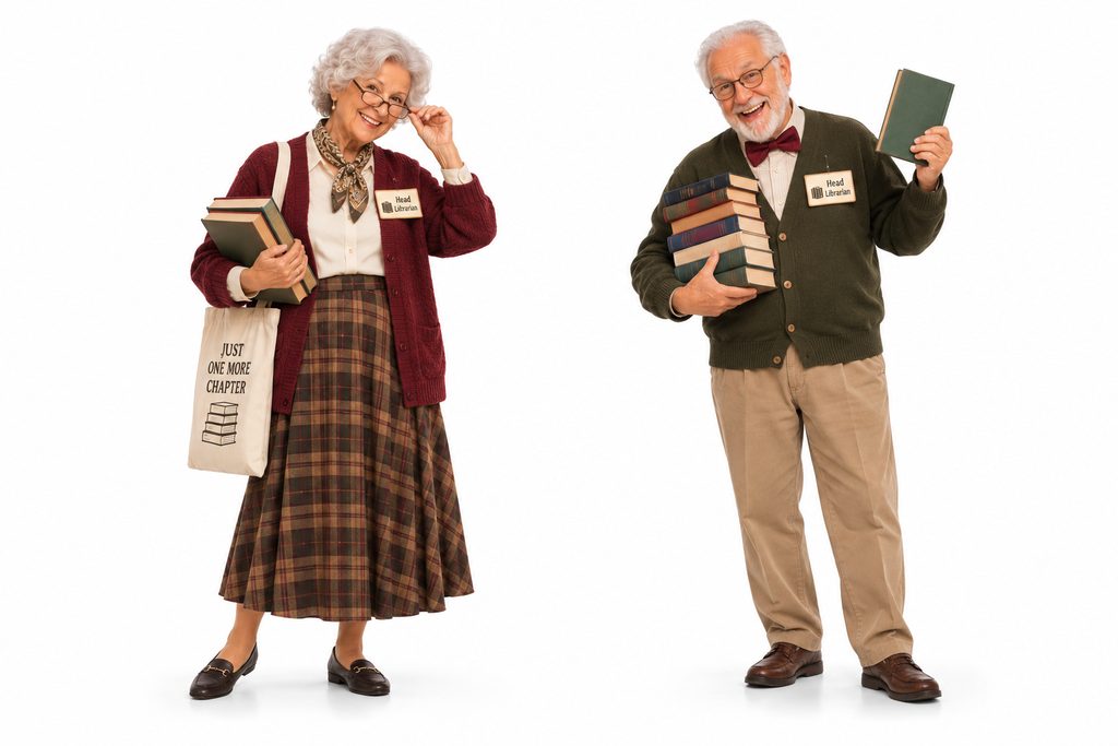 Senior couple in librarian outfits